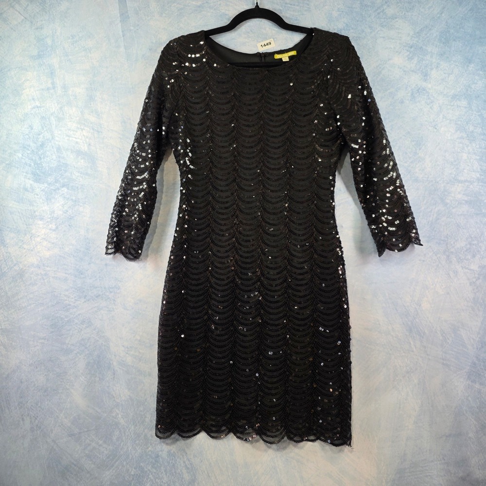 Gianni Bini Black‎ Sequin Scalloped Cocktail Dress Womens Medium 3/4 Sleeve Mini